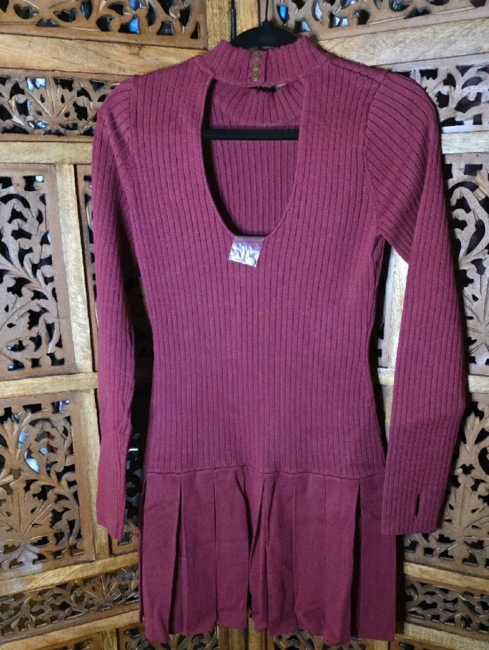 Free People Women’s Ribbed Knit Long Sleeve Dress in Burgundy